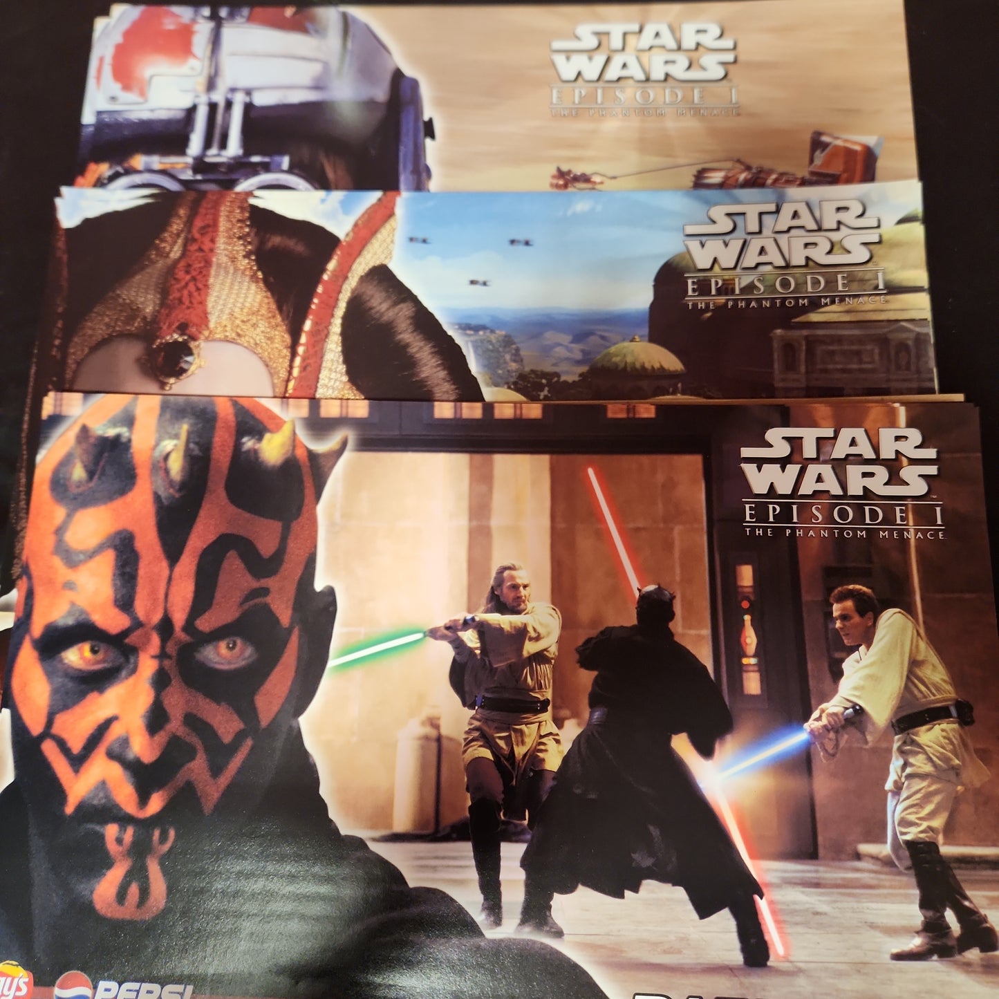 3 pack 1999 Original Star Wars Ep 1 ANAKIN SKYWALKER, DARTH MAUL, AND QUEEN AMIDALA 17x11 LAY'S PEPSI Promo Posters
