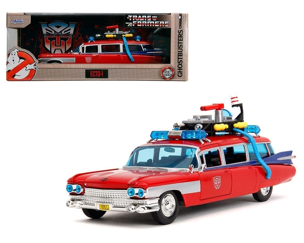 Jada 1:24 Ghostbusters x Transformers Ecto-1 with Optimus Prime Graphics – Red with Autobots Logo