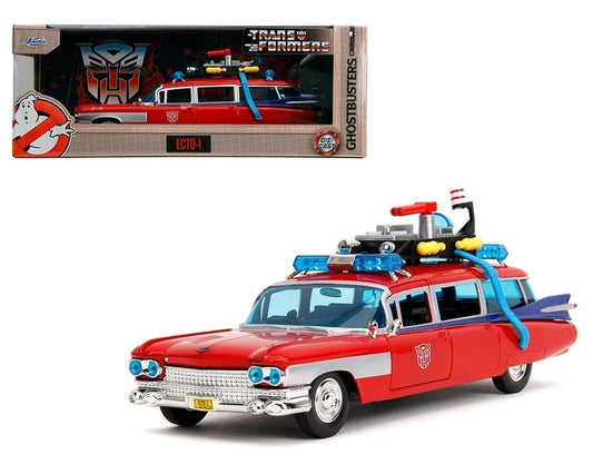 Jada 1:24 Ghostbusters x Transformers Ecto-1 with Optimus Prime Graphics – Red with Autobots Logo