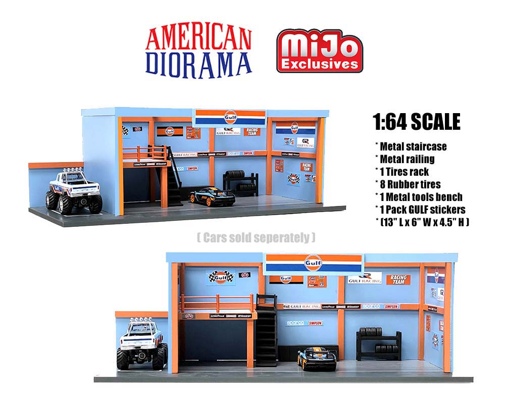 American Diorama 1:64 Mijo Exclusive Garage Diorama with Auto World GULF Stickers Included Limited 2,4000 (Copy)