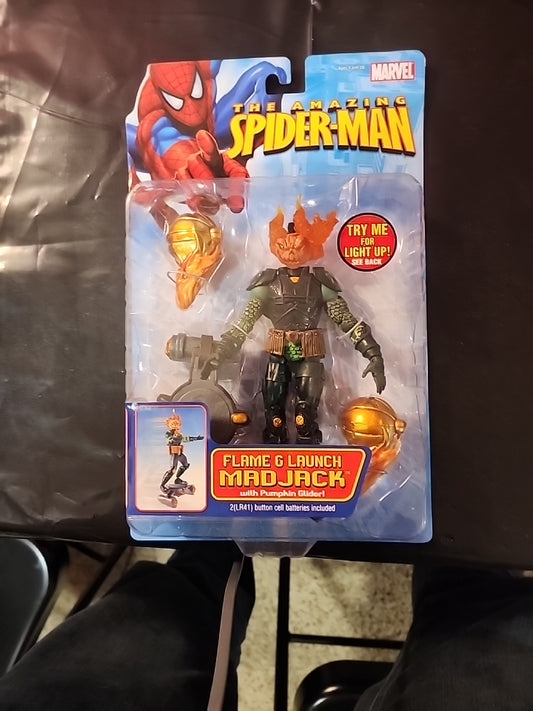 Increíble figura de acción de Spider-Man FLAME &amp; LAUNCH MAD JACK Marvel ToyBiz 2006 NIB