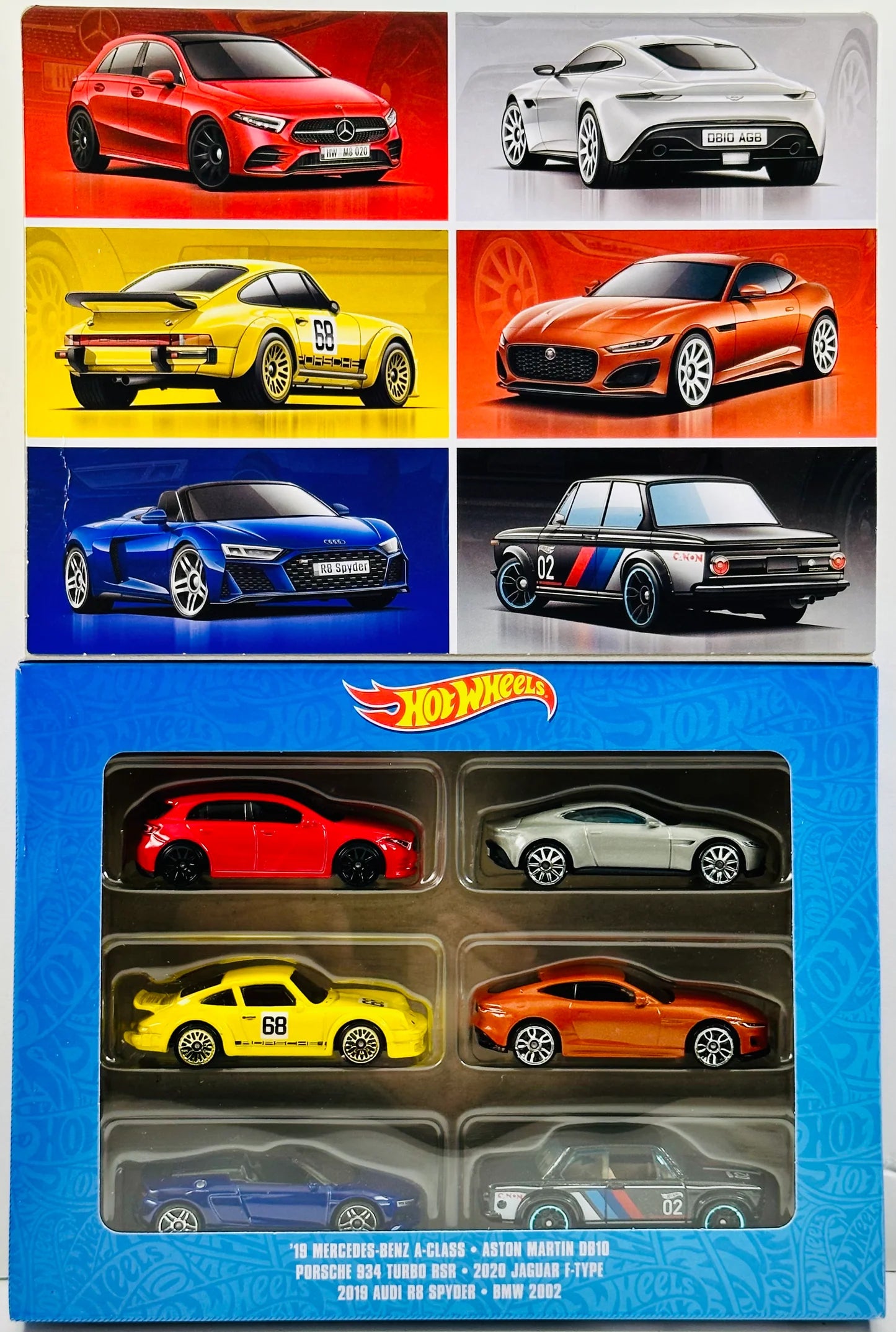 Hot Wheels 2023 - Euro 6 Pack Box Set - '19 Mercedes Benz A-Class, Aston Martin DB10, Porsche 934 Turbo RSR, 2020 Jaguar F-Type, 2019 Audi R8 Spyder & BMW 2002