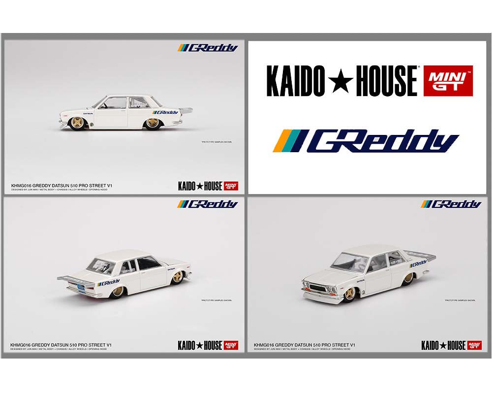 Kaido House x Mini GT 1:64 Datsun 510 Pro Street GREDDY Blanco Perla