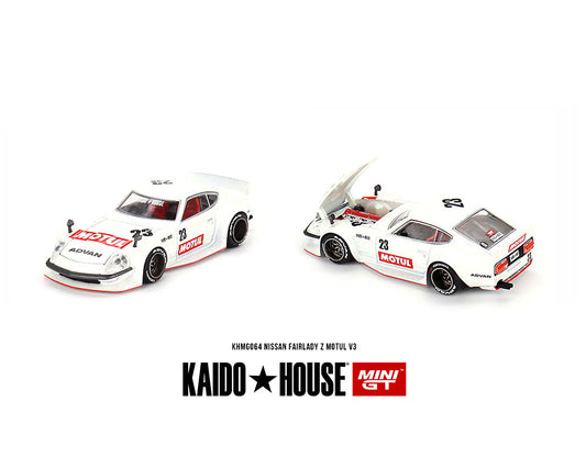 Kaido House x Mini GT 1:64 Datsun KAIDO Fairlady Z MOTUL V3 – Blanco – Edición limitada