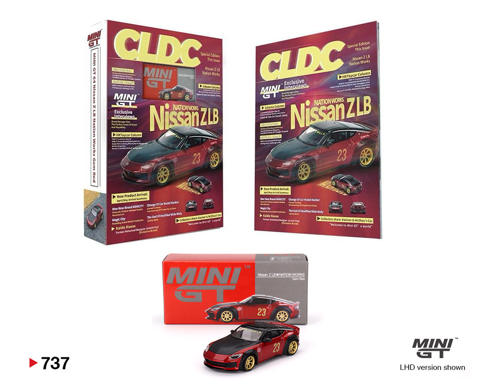 Mini GT 1:64 CLDC Magazine with Nissan Z LB Nation Works – Red Metallic – China CLDC Exclusive