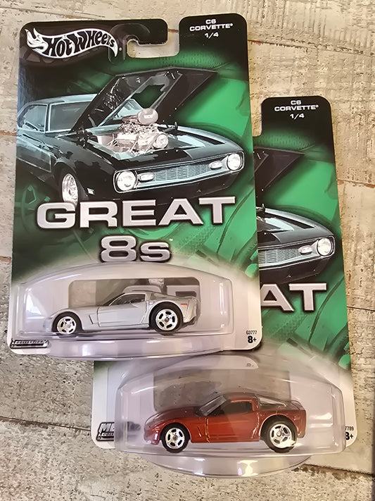 Hot Wheels Great 8s Chevy C6 Corvette w/Real Riders-1:64 Diecast Limited Edition set of 2