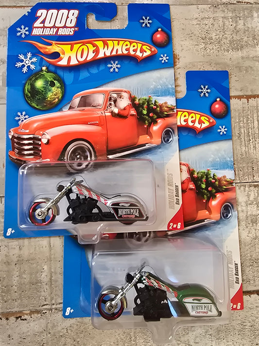 Hot Wheels 2008 Holiday Rods Silver BAD BAGGER Motorcycle Christmas Themed set of 2