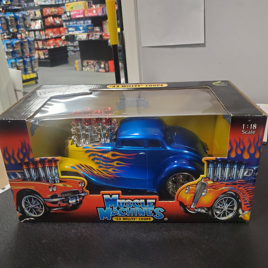 MUSCLE MACHINES 1/18 BLUE/FLAMES 1933 WILLYS COUPE HOT ROD NEW READ