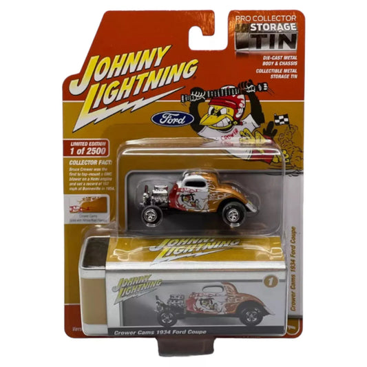 JOHNNY LIGHTNING TIN 1:64 JLCT013 1934 FORD COUPE CROWER CAMS GOLD & White New