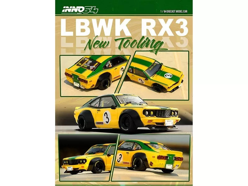 MAZDA RX-3 LBWK RHD #3 "SAVANNA" YELLOW 1/64 CAR BY INNO MODELS