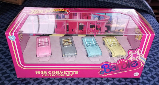 New Hot Wheels BARBIE THE MOVIE 1956 CORVETTE 4 Pack Real Riders