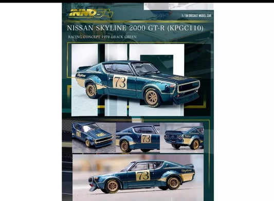 NISSAN SKYLINE 2000 GT-R KPGC110 RHD #73 GREEN 1/64 BY INNO IN64-KPGC110RC-GRN