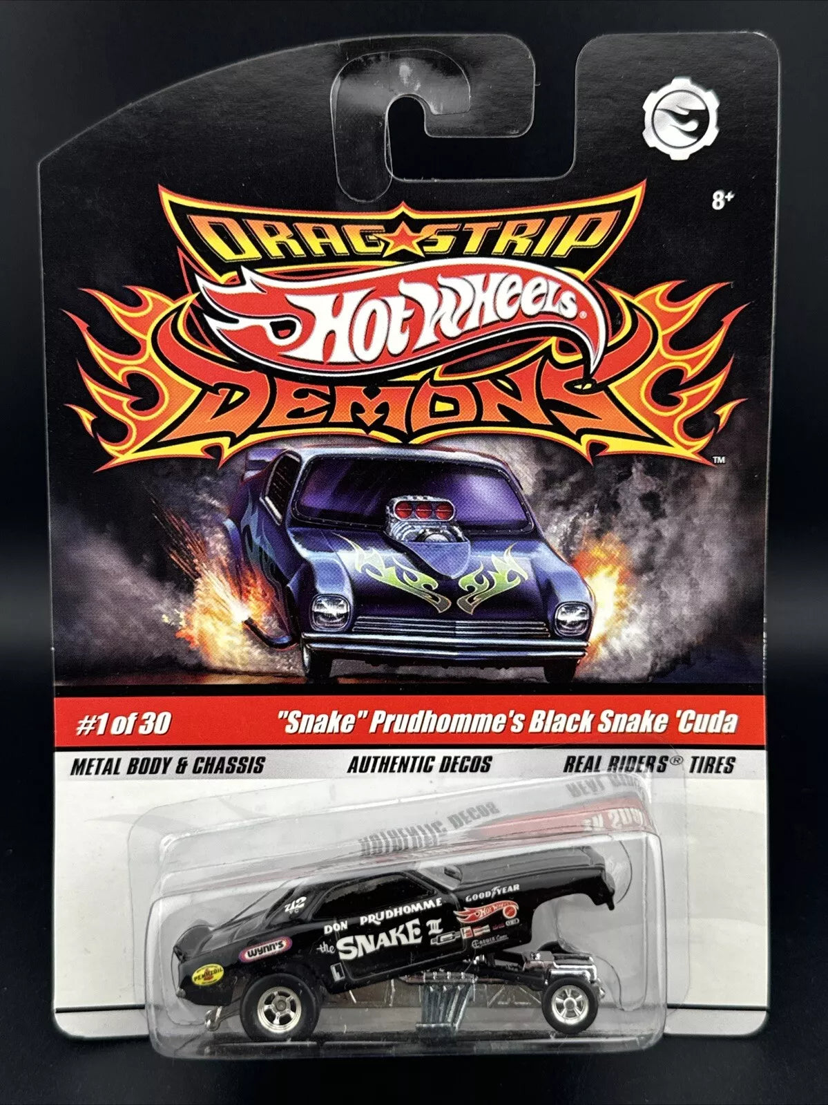 2008 Hot Wheels 1/30 SNAKE PRUDHOMME'S BLACK SNAKE CUDA Drag Strip Demon