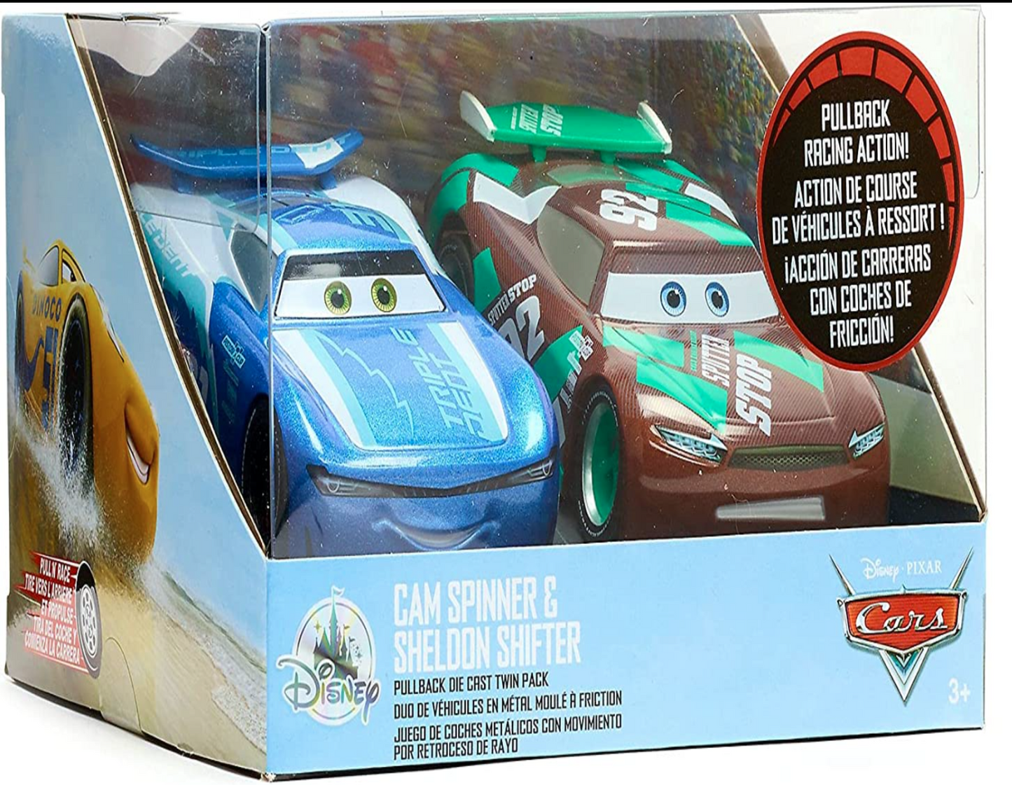 Disney Parks Pixar Cars Cam Spinner y Sheldon Shifter Pullback Car