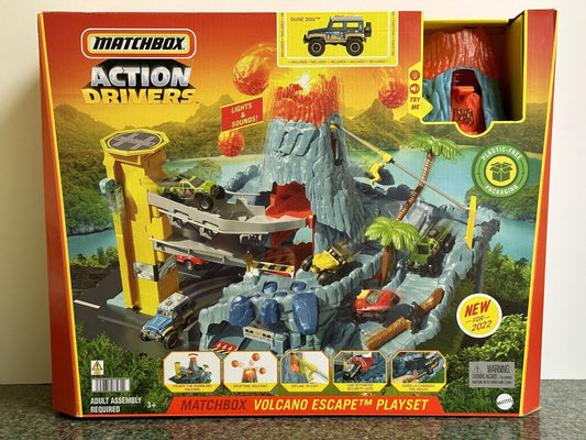 Matchbox Action Drivers Volcano Escape Playset con sonido y camión para perros Dune