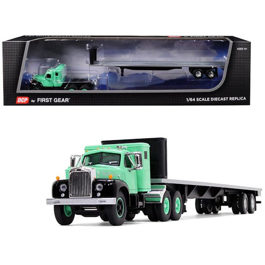 Mack B-61 with Sleeper Cab and 48\' Flatbed Trailer Antique Green 1/64 Diecast Model by DCP/First Gear