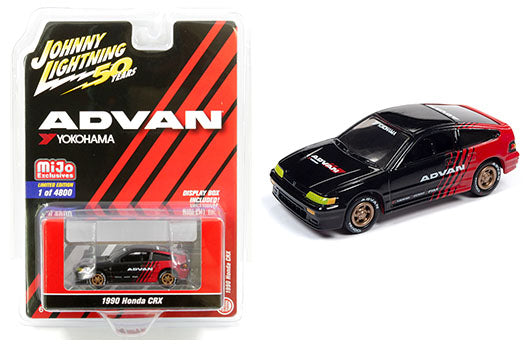 Johnny Lightning 1:64 50 Aniversario – Advan Yokohama – 1990 Honda CRX (Negro/Rojo) – Exclusivos de MiJo