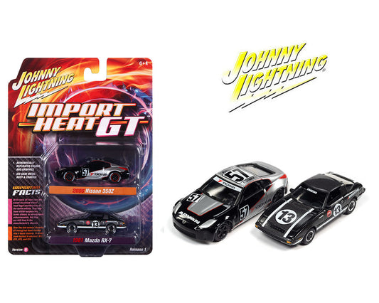 Johnny Lightning 1:64 Paquete de 2 Nissan 350ZX 2006 y Mazda RX-7 1981 Versión B - Import Heat GT