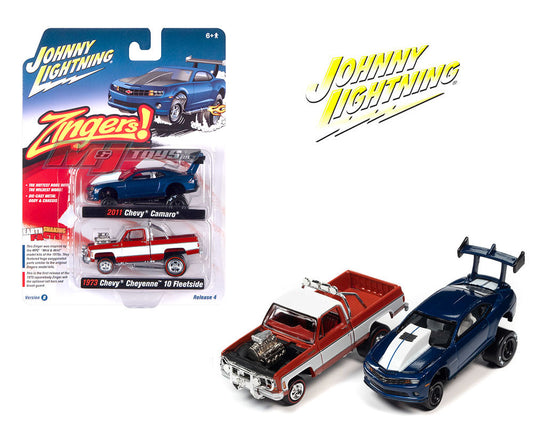 Johnny Lightning 1:64 Paquete de 2 temas: Zingers Chevy Camaro 2011 y Chevrolet Cheyenne 1973 10 Fleetside B