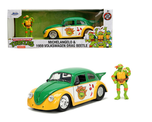 Jada 1:24 1959 Volkswagen Drag Beetle with Michelangelo Figure – Teenage Mutant Ninja Turtles (TMNT) – Hollywood Rides